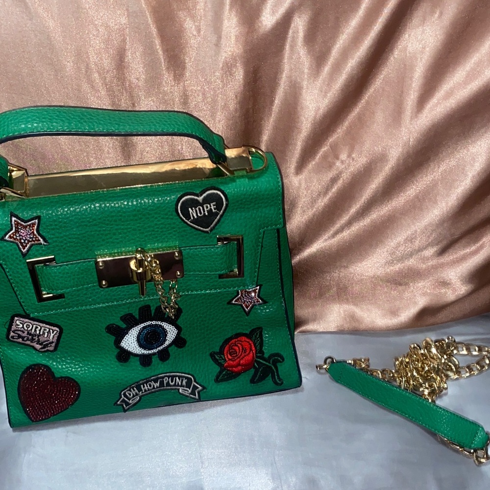 Aldo Green Satchel with Gold Chain and Patches
